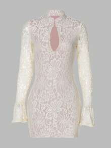 Women Flare Long Sleeve Hollow Out Lace Mini Dress Bodycon Sexy Party Dress - 米色 - 查看 1