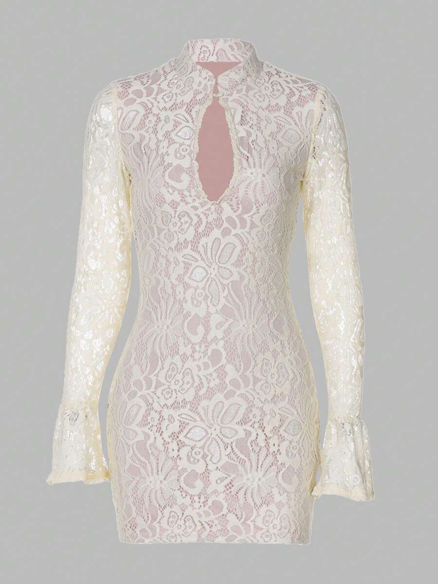 Women Flare Long Sleeve Hollow Out Lace Mini Dress Bodycon Sexy Party Dress - 米色 - 查看 1