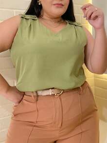 RAINBOW Plain Tank Top Sleeveless Blouse Plain Creppinho With 4 Buttons Plus Size G1G2G3 46-52 Casual Women - 62-VERDE MUSGO - 查看 5