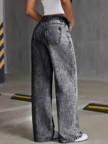 Women's Wide Leg Jeans, High Waist, Graphite - Than chì - Xem 2