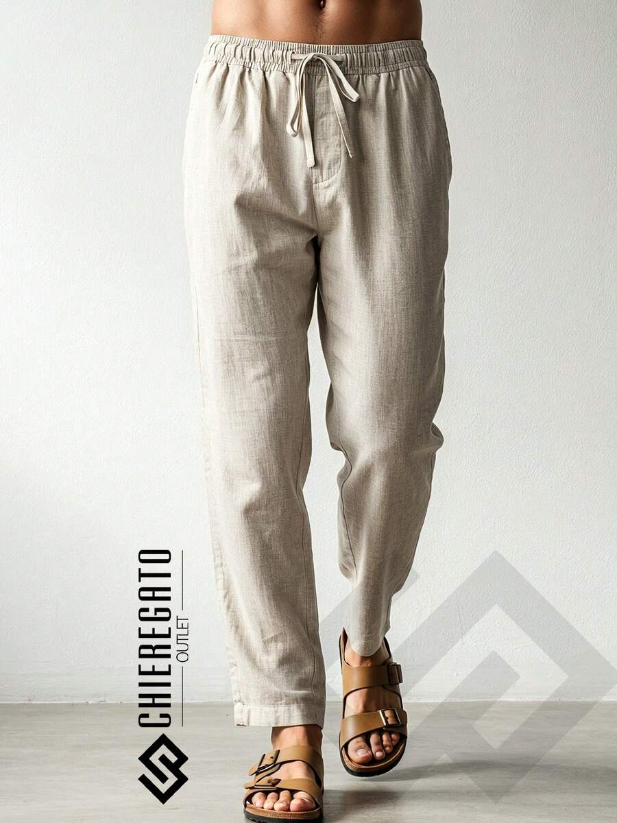 Men's Beige Linen Pants Beach Adjustable Drawstring Baggy Trousers Straight Casual Streetwear Balloon Bag Everyday - Màu be - Xem 1