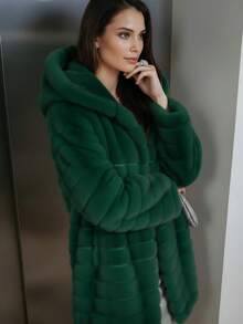 Abrigo Elegante Largo de Color Sólido con Capucha y de Peluche, Envolvente para Mujer Ideal para Otoño/Invierno - Verde Esmeralda - Ver 2
