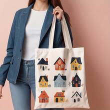 1pc Cartoon House Illustration Canvas Tote Bag - 13.8x15.8 Reusable Grocery Bag, Durable Polyester Canvas With Leak-Proof Design, Colorful Whimsical Houses Pattern Daily Commute, School, Shopping - House Lovers (Mother's Day, Graduation, Easter), Everyday Carryall, Sturdy Construction, Students And Commuters