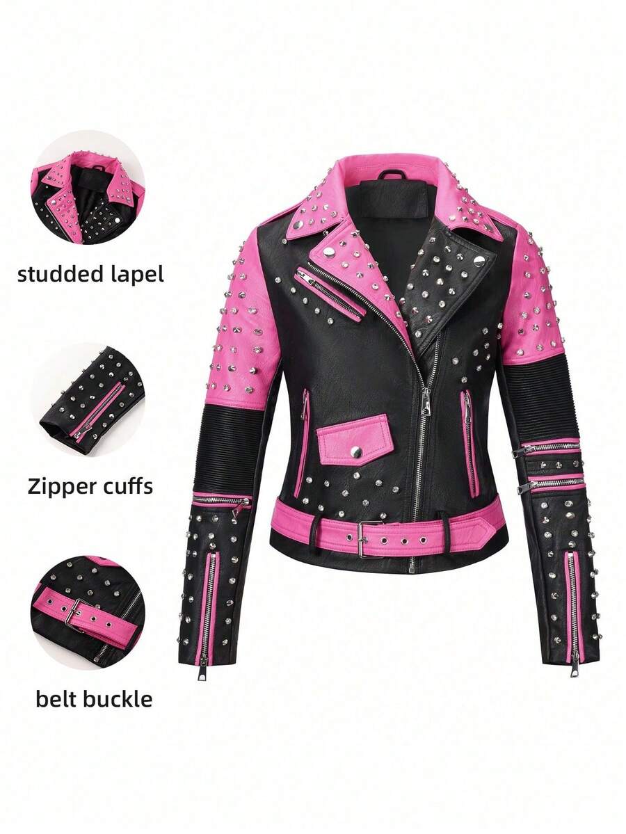Women's Fall/Winter Faux Leather Biker Jacket - Diamond Studded, Asymmetric Zip For Edgy Cold-Weather Street Styling