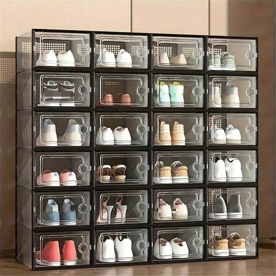 24 Pieces Of Thickened Transparent Covered Shoe Boxes, Foldable And Stackable Shoe Racks, Space-Saving Storage Boxes, Freely Combinable Plastic Sports Shoes Storage Boxes, Suitable For The Entrance Hall, Bedroom And Home - 24格*黑色 - 查看 1