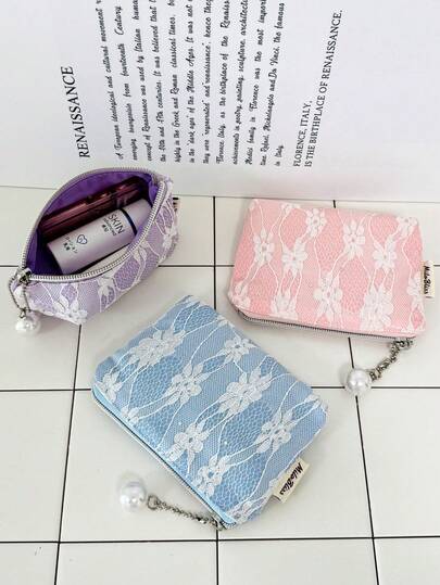 Porta-moedas elegante em renda jacquard, bolsa de maquiagem fofa e estilosa, bolsa de armazenamento versátil, carteira compacta. Esta bolsa de armazenamento tem um estilo único, elegante, moderno e fofo.