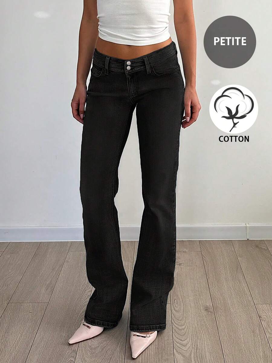 Y2K Style High Waist Button Slim Fit Washed Skinny Jeans With Pockets, Suitable For Back To School, Commuting And Casual Wear - Black - View 1