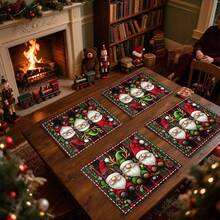1set/1pc/4pcs/6pcs Christmas Dwarf And Holly Berry Pattern Placemats, Machine Washable Rectangular Polyester Placemats, Table Guards, Heat-Insulating Placemats, Restaurant Table Decorations, Party Supplies, Christmas Decorations Can All Be Given As Gifts