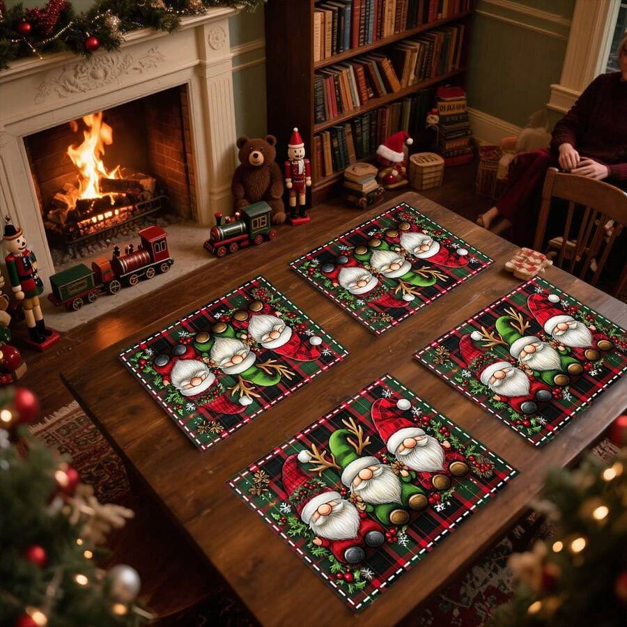1set/1pc/4pcs/6pcs Christmas Dwarf And Holly Berry Pattern Placemats, Machine Washable Rectangular Polyester Placemats, Table Guards, Heat-Insulating Placemats, Restaurant Table Decorations, Party Supplies, Christmas Decorations Can All Be Given As Gifts