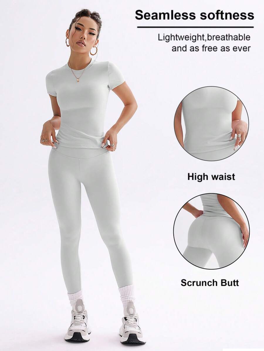 FWH 1. Cute Solid Color Crop Top, Stretchy Fitted Round Neck Sweet Fashionable Versatile Jacket, Elegant High Waist Slim Casual Tummy Control Daily Basic Dancewear Leg Lengthening Butt Lifting Street Running Yoga 2-Piece Set, Spring/Summer - Xám - Xem 1