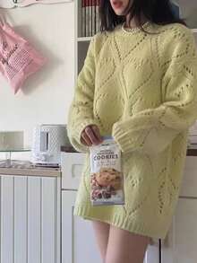 EAVA Women's Streetwear Sweet Heart-Shaped Lace-Up Jacquard Loose-Fitting Casual Long-Sleeve Crew Neck Knit Pullover