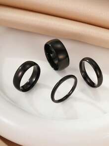 4pcs Stainless Steel Black Simple Smooth Rings, Unisex Suitable For Daily Neutral Decoration Or Gift - Black - View 1