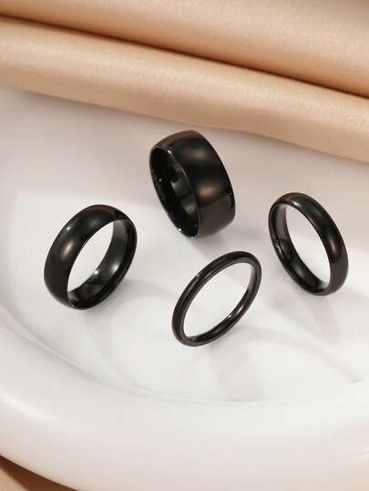 4pcs Stainless Steel Black Simple Smooth Rings, Unisex Suitable For Daily Neutral Decoration Or Gift