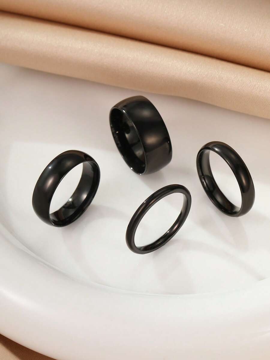 4pcs Stainless Steel Black Simple Smooth Rings, Unisex Suitable For Daily Neutral Decoration Or Gift - Black - View 1