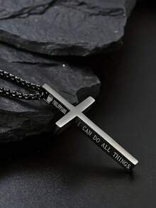 1pc Fashion Stainless Steel Cross Pendant Necklace With Slogan I Can Do All Thins Motivational Encouragement Necklace For Everyday Use Holiday Jewellery - 口號十字架項鍊 - 查看 1