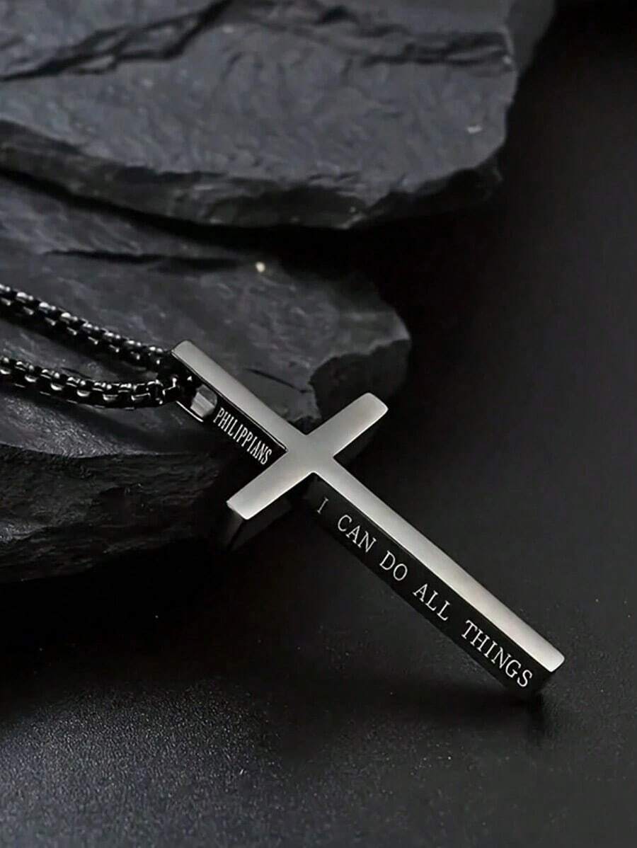 1pc Fashion Stainless Steel Cross Pendant Necklace With Slogan I Can Do All Thins Motivational Encouragement Necklace For Everyday Use Holiday Jewellery - 口號十字架項鍊 - 查看 1