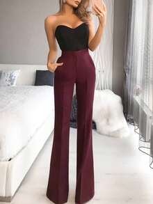 优雅高腰酒红色喇叭裤，通勤百搭 - 酒紅色 - 查看 4