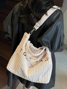 复古欧洲时尚灯芯绒材质字母印花女士优雅单肩托特包 - 白色 - 查看 10