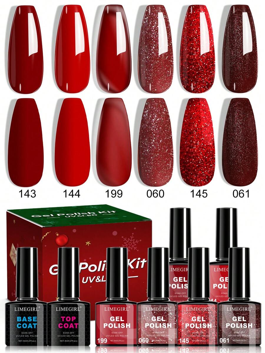 LIMEGIRL Set di smalti gel natalizi LIMEGIRL da 8 ml: 6 colori natalizi - verde, bordeaux, rosso, oro, argento. Set di smalti gel natalizi con base e top coat, adatto per donne e ragazze per arte di unghie, manicure, design unghie fai-da-te in salone
