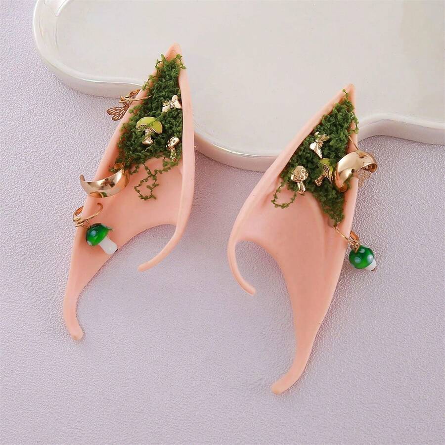 Halloween Cosplay Elf Ears Mushroom Flower Crystal Design Fairy Ear Accessories For Women Party Costume - 綠色 - 查看 1