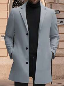 Men's Wool Pea Coat Solid Color Lapel Collar Single Breasted Jacket Warm Mid Length Winter Trench Coat - Grey - View 4