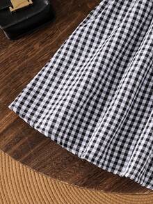 2pcs/Set Toddler Girls Fashion Commuting Party Long Sleeve Round Neck Button Jacket And Sleeveless Bow Plaid Dress Outfit, New For Autumn/Winter - Black and White - View 3