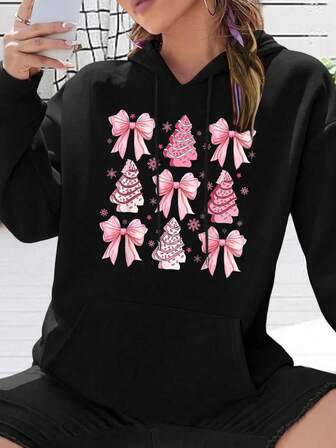 Cute Coquette Bow Pink Christmas Tree Cake Funny Xmas Girly Hooded Sweatshirt Womens Hoodies,Soft Warm Shirts,Classic Hoodie,Pullover Hoodie