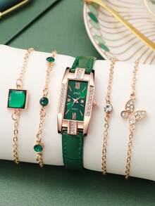 5pcs/Set Elegant Green Strap Quartz Watches With Rhinestones For Women, Suitable For Holidays, Birthdays, Gifts For Loved Ones - Multicolor - View 1