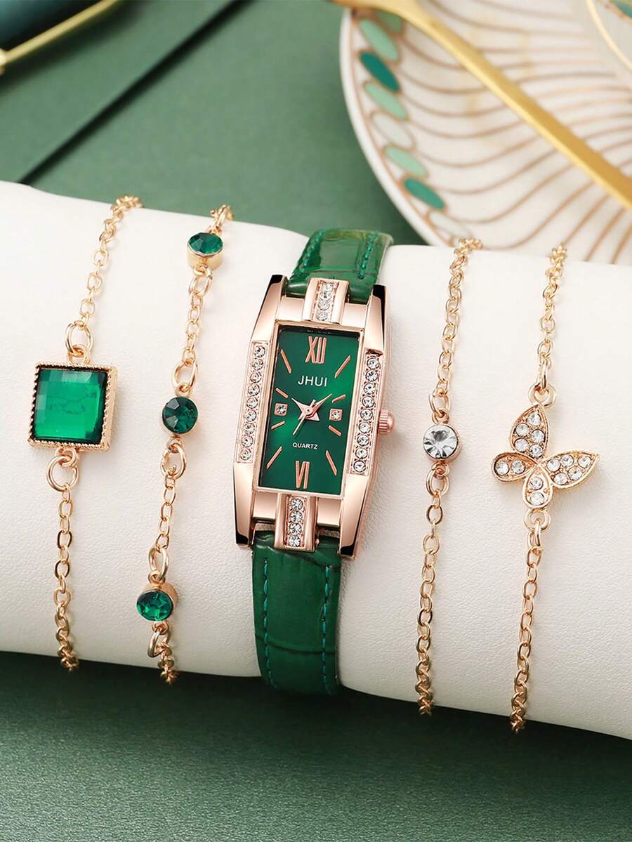 5pcs/Set Elegant Green Strap Quartz Watches With Rhinestones For Women, Suitable For Holidays, Birthdays, Gifts For Loved Ones - Multicolor - View 1