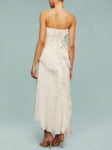 Women's Boho Halter Backless Maxi Dress Sleeveless High Waist Ruffled Party Prom Evening Dresses - Trắng ngà - Xem 4
