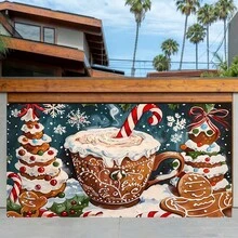 A Christmas Milk Tea Cake Gingerbread Man Pattern Garage Door Curtain Decorative Background Banner Background Cloth, Used For Party Background, Holiday Celebration, Photography Background Sign Poster Decoration Supplies, A Variety Of Sizes Can Be Selected