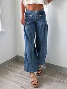 Quần ống đứng dáng rộng, dáng suông, chất liệu denim, cá tính, thời trang, đi làm hàng ngày, thiết kế túi trước sành điệu cho nữ - Rửa tối - Xem 3