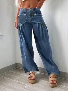 Quần ống đứng dáng rộng, dáng suông, chất liệu denim, cá tính, thời trang, đi làm hàng ngày, thiết kế túi trước sành điệu cho nữ - Rửa tối - Xem 4