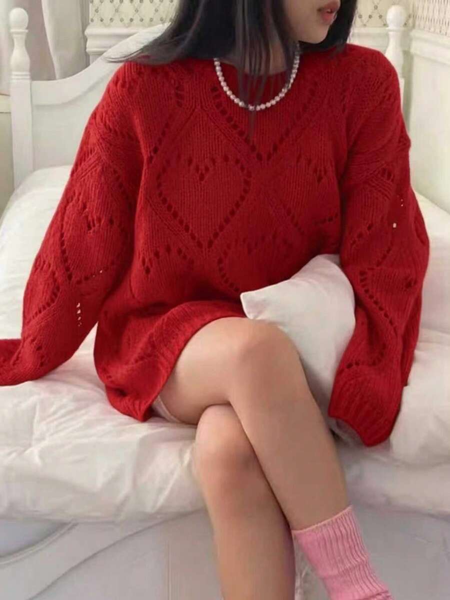 EAVA 女款街頭風甜美心形鏤空針織寬鬆休閒長袖圓領針織套頭毛衣,適合情人節 - 紅色 - 查看 1