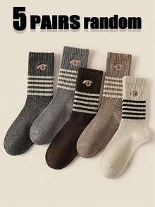 5 Pairs Women's Cute Puppy Jacquard Warm Striped Mid-Calf Socks, Breathable For Autumn/Winter