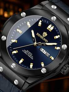 男士商务韩版时尚双日历皮带帅气百搭休闲石英手表