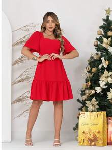 Short Dune Dress Simple Ruffle Fabric Summer - Red - View 1