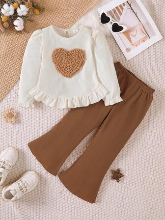 2pcs Girls 3D Heart Sweatshirt & Corduroy Flared Pants Set, Suitable For Outdoor Activities, School, And Daily Sports, Autumn/Winter