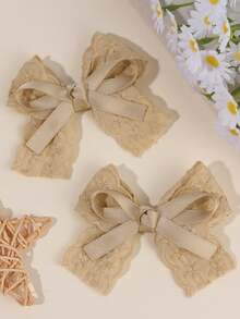 2 件女孩白色/粉色可爱优雅蝴蝶结发夹，纯色亚麻花朵印花和丝带手工蝴蝶结装饰，迷人装饰甜美可爱风格，适合日常穿着、派对、学校和春夏 - 彩色 - 查看 10