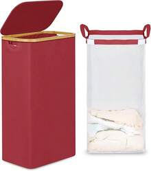 Slim Laundry Basket With Lid, Narrow Laundry Hamper With Removable Bag, Dirty Clothes Basket With Handles Bathroom, Bedroom & Laundry Room, 75L Beige - Burgundy - View 12