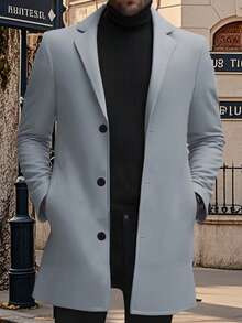 Men's Wool Pea Coat Solid Color Lapel Collar Single Breasted Jacket Warm Mid Length Winter Trench Coat - Grey - View 6