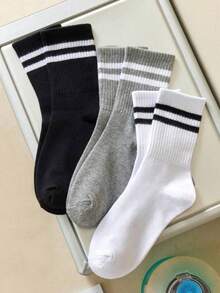 3/6 pares de meias unissex de cano médio, pretas/brancas/cinzas, com listras duplas, para atividades ao ar livre, meias casuais de cano médio, meias de inverno unissex, meias grossas, meias altas, meias de outono