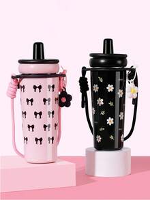 1个720毫升/25.34盎司不锈钢带盖吸管杯，美观大方，大容量便携水杯，便携式旅行咖啡杯，外观时尚便携水杯，可爱少女款，旅行杯，防漏保温水瓶，便携式水杯，保温水壶，泡茶水杯 - 彩色 - 查看 13