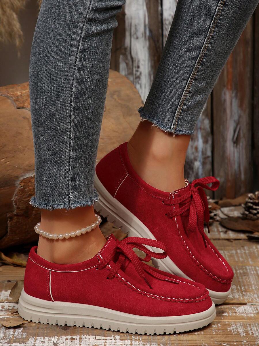 Women's Autumn New Suede Lace-Up Fashion Shoes, Slip-On Comfortable Versatile Casual Sneakers - Red - View 1