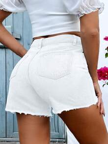 Mobula Sound#Plus Size Women's Spring/Summer Versatile Fashion Denim Shorts With Frayed Hem For Holiday, Vacation, Daily, Dating, Travel, Airport - White - View 2