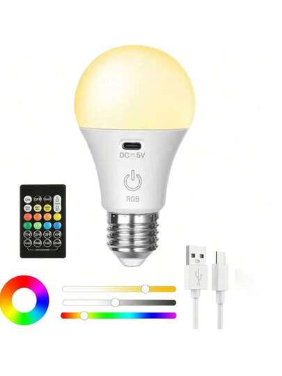 1pc LED Rechargeable Light Bulb With Remote Battery Control, Suitable For Lamps, Eye-Care Lighting, Smart RGB Color Changing Bulb, E26 Base, Suitable For Camping, Hiking, Fishing, Holidays, Cars, College, Sports, Home, Party, Living Room, Bedroom, Music Festivals, Hurricane Emergencies