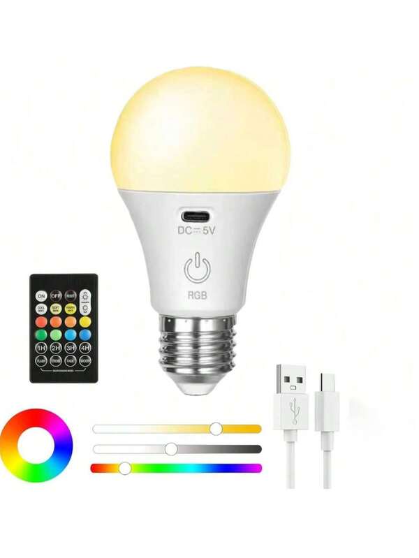 1 pieza Bombilla LED recargable con control remoto de batería, adecuada para lámparas, iluminación de cuidado de los ojos, bombilla inteligente RGB de color cambiante, base E26, adecuada para campamento, senderismo, pesca, vacaciones, automóviles, universidad, deportes, hogar, fiestas, sala de estar, dormitorio, festivales de música, emergencias por huracanes