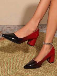 Màu ombre, Phong cách Châu Âu, Đơn nguyên bản, Cỡ lớn 44 43, Da bóng mềm, Giày cao gót đế dày, Mũi nhọn, Giày lười cho nữ, Đen & Đỏ - Màu Đỏ Sâu - Xem 19