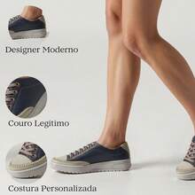 Women's Comfortable Casual Genuine Leather Fashion Sneakers - Xanh lam/Be - Xem 3