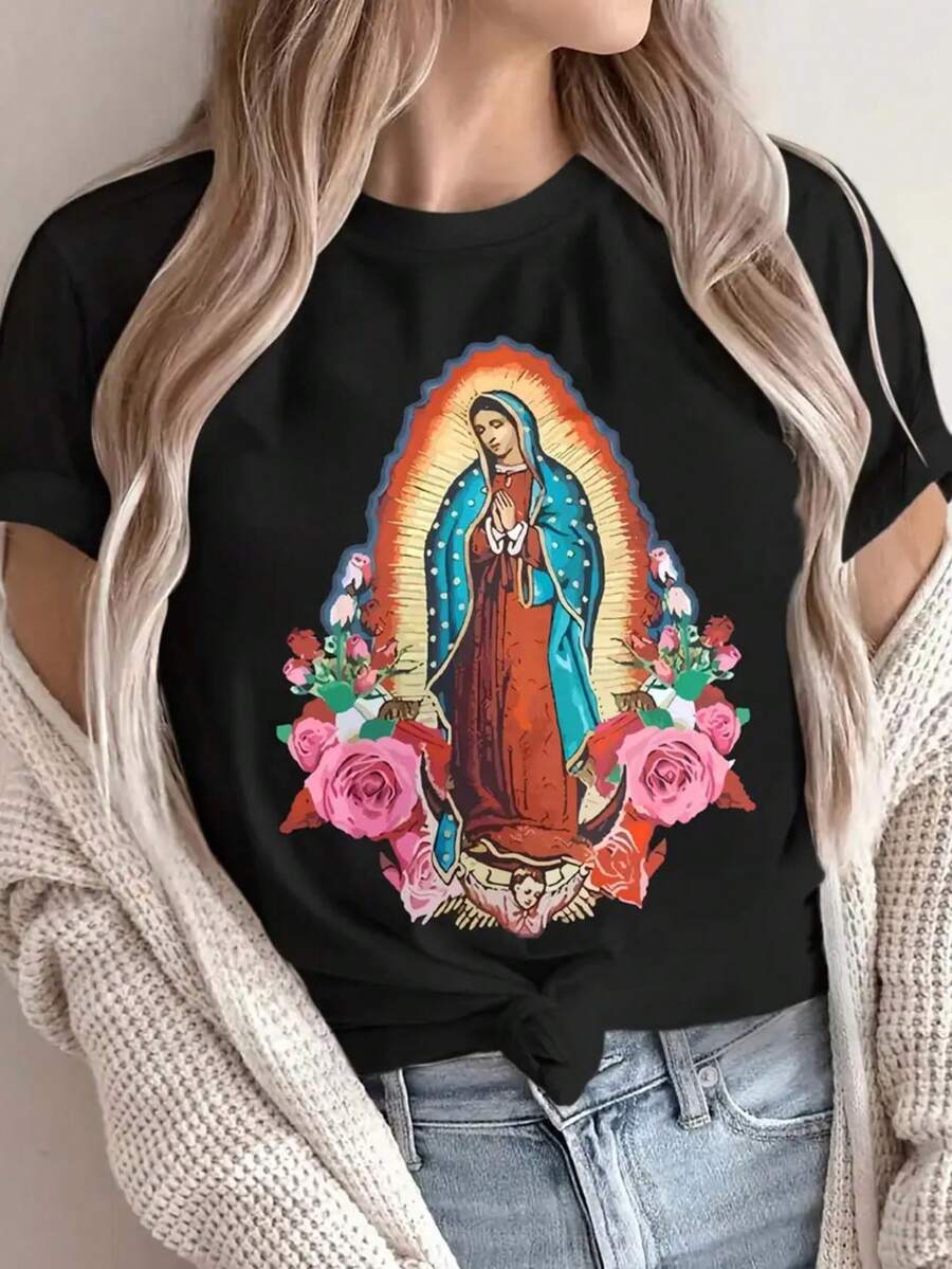 Camiseta playera básica gráfica estampada casual dama mujer manga corta cuello redondo look casual relajado cómodo versátil fresca ligera colorido diseño floral rosas virgen guadalupe - Negro - Ver 1